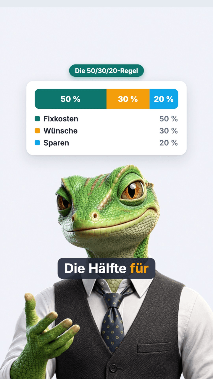 Ein fertiges Reel auf dem Handy: die Figur Gordon unter der 50/30/20-Regel als Motion Graphics