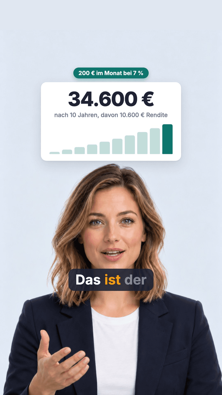 Ein fertiges Reel auf dem Handy: Nora, der Avatar einer echten Person, unter einem Diagramm, was aus 200 € im Monat wird
