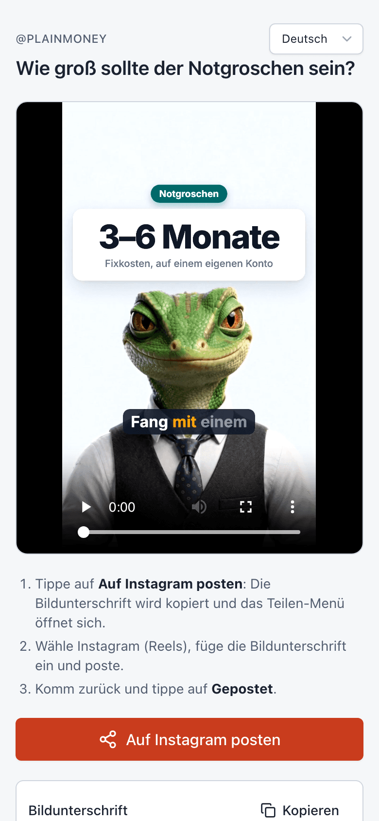 Die Teilen-Seite auf dem Handy, bereit, ein Reel zu posten