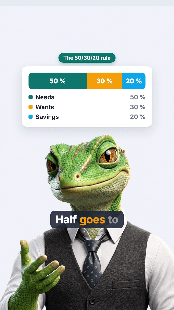 A finished Reel on a phone: the character Gordon below the 50/30/20 rule as motion graphics