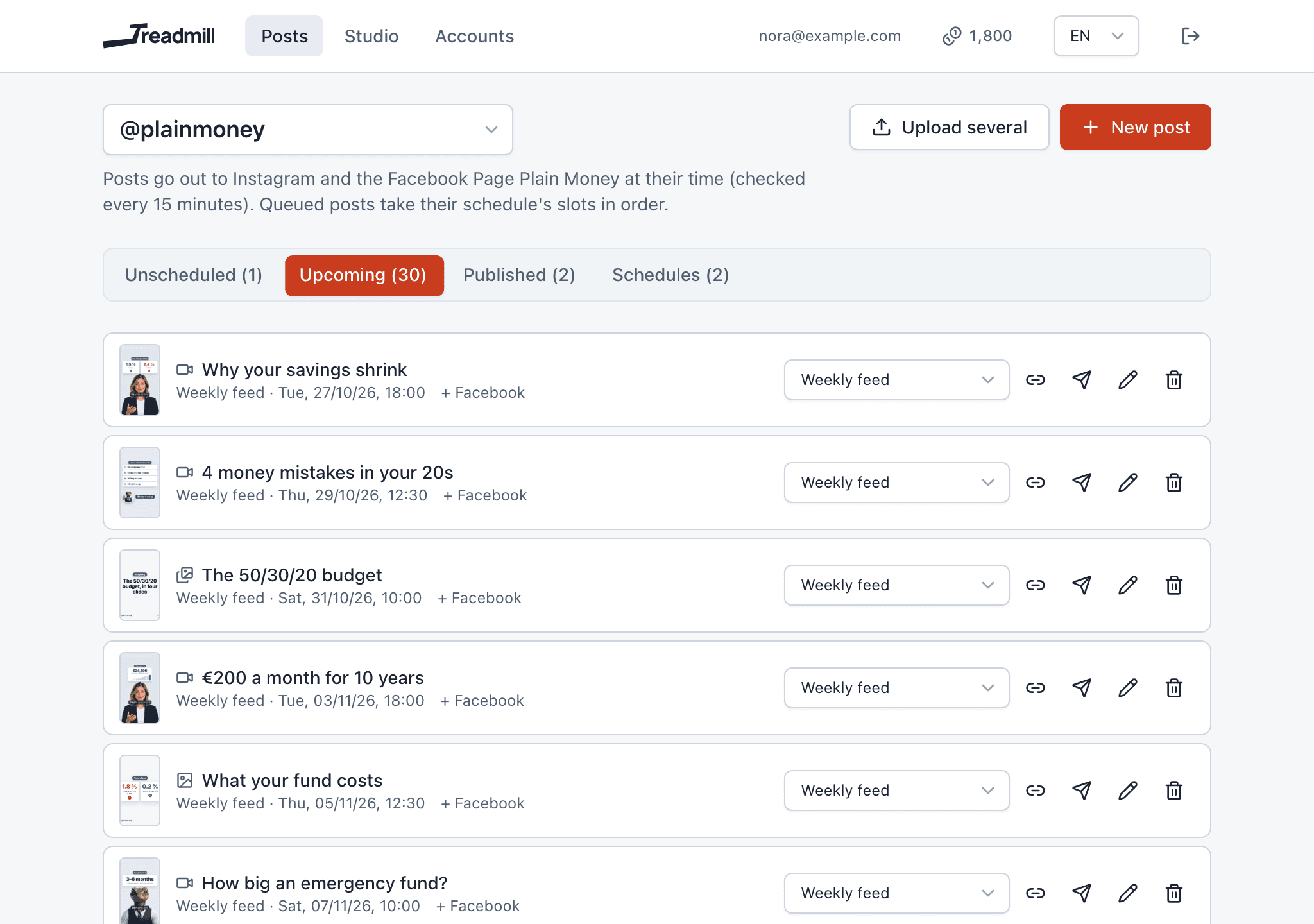 Treadmill’s post list: a queue of avatar Reels, carousels and images running through the coming months