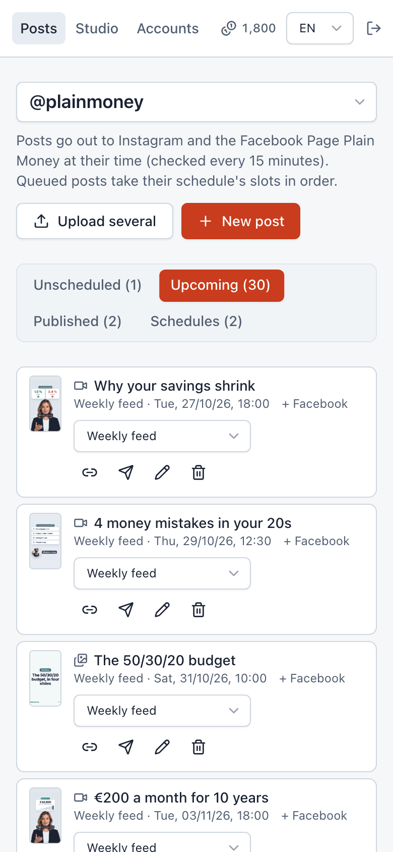 Upcoming posts on a phone